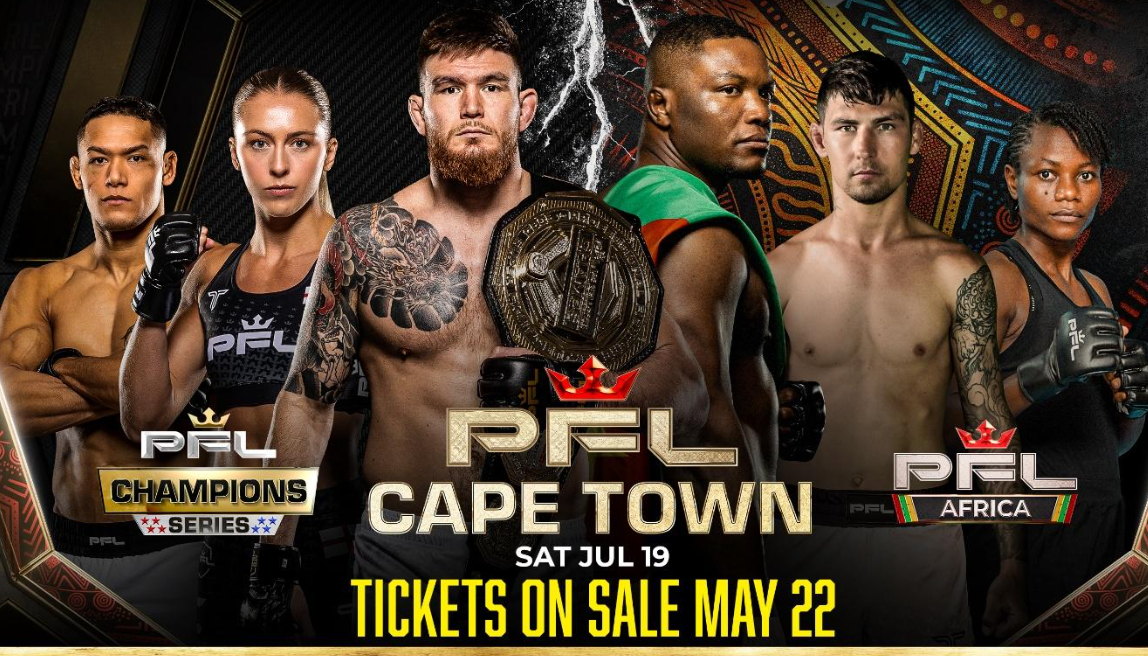 Les billets en vente à partir du 22 mai pour les débuts historiques de la PFL Afrique, mettant en lumière les meilleurs talents du MMA du continent au Cap le 19 juillet Les billets en vente à partir du 22 mai pour les débuts historiques de la PFL Afrique, mettant en lumière les meilleurs talents du MMA du continent au Cap le 19 juillet
